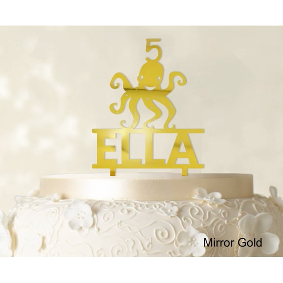 """Birthday Custom Name Cake Topper"" With Octopus Figure Mirror Gold Cake Topper Cake Decorations Color Option Available 6""-7"" Inches Wide"