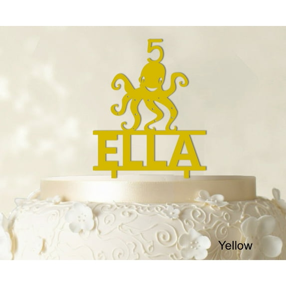 """Birthday Custom Name Cake Topper"" With Octopus Figure Yellow Cake Topper Cake Decorations Color Option Available 6""-7"" Inches Wide"