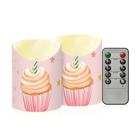 Birthday Cute Cupcakes with Candles Stars Flickering Flameless Candles with Remote Timer Battery Operated LED Tealight Set of 2 M