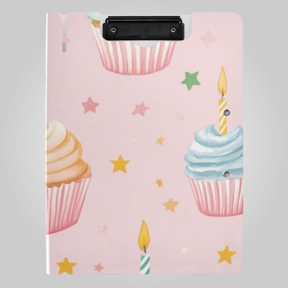 Birthday Cute Cupcakes with Candles Stars Foldable Binder Folder Clipboard with Pen Slot Double Clips A4 Size File Storage
