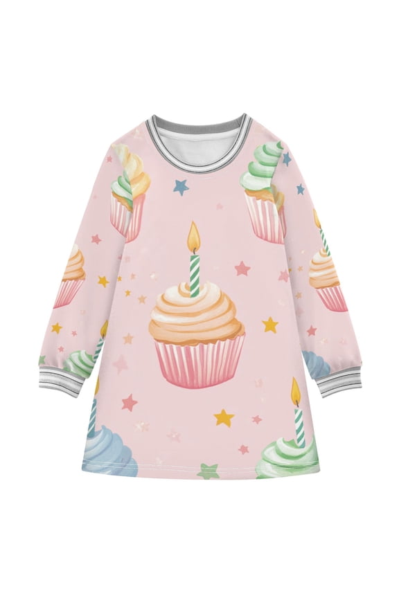 Birthday Cute Cupcakes with Candles Stars Long-sleeved Dress A-line One-Piece Dress for 2-8 Years Casual Party 2T