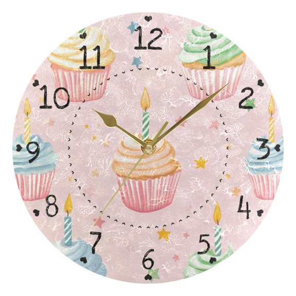 Birthday Cute Cupcakes with Candles Stars Round Wall Clock Silent Analog Battery Operated Gold Pointer Home Decor 9.84" Diameter