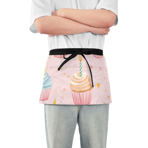Birthday Cute Cupcakes with Candles Stars Short Server Apron with 3 Pockets for Unisex Chef Gardening