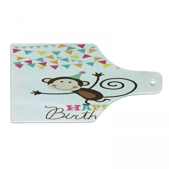 Birthday Cutting Board, Celebration Brown Monkey Posing at a Party with 2 Line Flags Cone, Decorative Tempered Glass Cutting and Serving Board, Wine Bottle Shape, Multicolor, by Ambesonne
