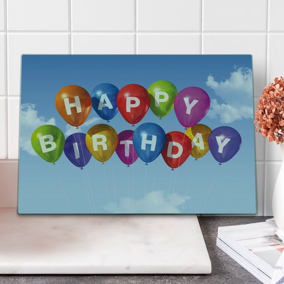 Birthday Cutting Board, Colored Celebration Balloons with Letters in the Clear Sky White Clouds Happiness, Decorative Tempered Glass Cutting and Serving Board, Large Size, Multicolor, by Ambesonne