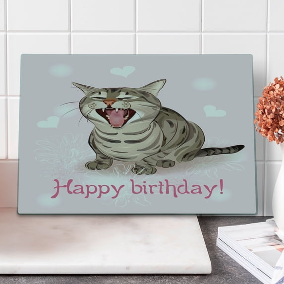 Birthday Cutting Board, Funny Cat Sings a Greeting Song on Pink Color Backdrop with Hearts Flowers, Decorative Tempered Glass Cutting and Serving Board, Large Size, Pale Pink Brown, by Ambesonne