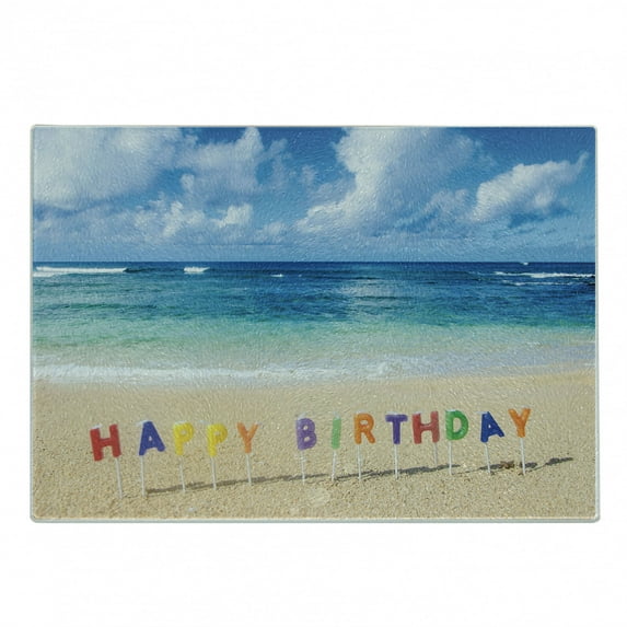 Birthday Cutting Board, Happy Birthday Sign on the Tropical Beach in Hawaii Exotic Surprise Theme, Decorative Tempered Glass Cutting and Serving Board, Small Size, Multicolor, by Ambesonne