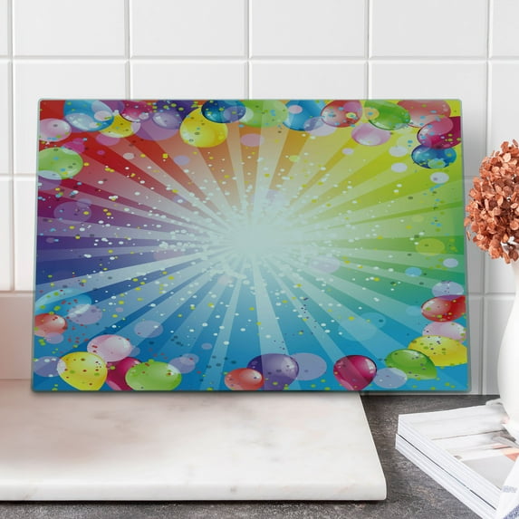 Birthday Cutting Board, Pattern of Striped Backdrop with Balloons Dots Celebration Birthday, Decorative Tempered Glass Cutting and Serving Board, Large Size, Multicolor, by Ambesonne