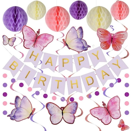 Birthday Decoration, Boriyuan Happy Birthday Banner with Honeycomb Balls, Butterfly Hanging Swirl Streamers, Polka Dots Garland, Birthday Party Decoration Supplies for Women Girls (Purple)