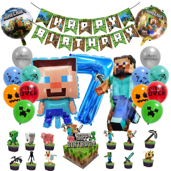 Birthday Decoration Minecraft Balloon 7th Minecraft Birthday Decoration 7 Years, Happy Birthday Decoration Banner Cartoon