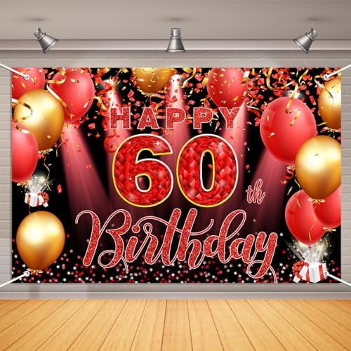 Birthday Decorations Backdrop Banner for Women Red Happy 60th Birthday ...