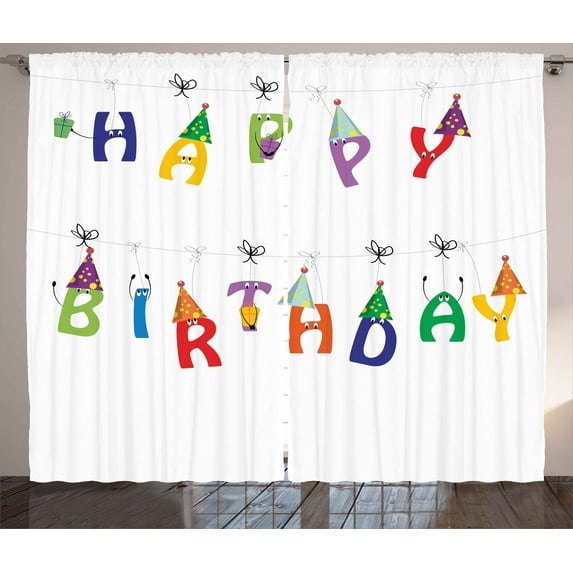 Ambesonne Birthday Curtains 2 Panel Set, Funny Letters on Faces, 108" x 90", Multicolor
