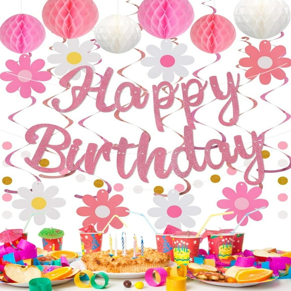 Happy Birthday Party Decorations for 3+ Birthday Decorations, NO DIY, Pre-Strung Happy Birthday Banner with Honeycomb Balls, Hanging Swirls, Circle Dots Garland for Women Men Boys Girls