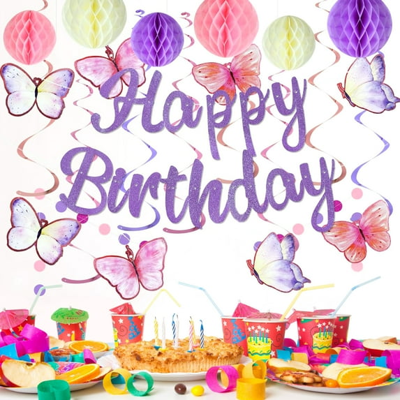 Birthday Decorations Set for 1-10, Butterfly Happy Birthday Banner Party Supplies with Honeycomb Balls, Butterfly Hanging Swirls for Girls Birthday