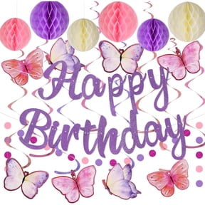 Birthday Decorations for 3+ Year Old Happy Birthday Banner Balls Hanging Swirls Garland Christmas Decor Purple Butterfly Birthday Party Decorations for Women Girl