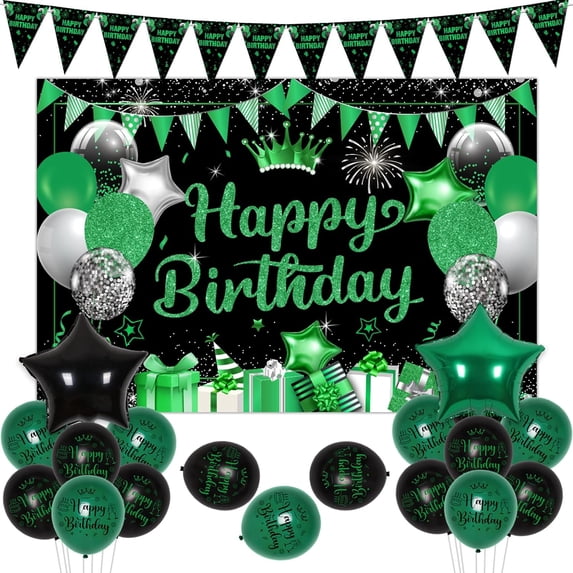 Birthday Decorations Green and Black for Men Boys, Green Birthday Decorations with Happy Birthday Backdrop Balloons Bunting Banner Foil Balloons for Birthday Party Supplies Women Girls