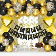 Birthday Decorations, Happy Birthday Banner with Fringe Curtain, Heart Star Foil Confetti Balloons, Hanging Swirls, Happy Birthday Party Decorations for Women Men Boys Girls (Black & Gold)