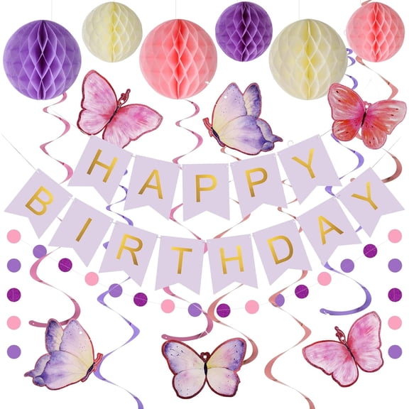 Birthday Decorations, Happy Birthday Banner with Honeycomb Balls, Butterfly Hanging Swirl Streamers, Circle Dots Garland, Happy Birthday Party Decorations for Women Men Boys Girls