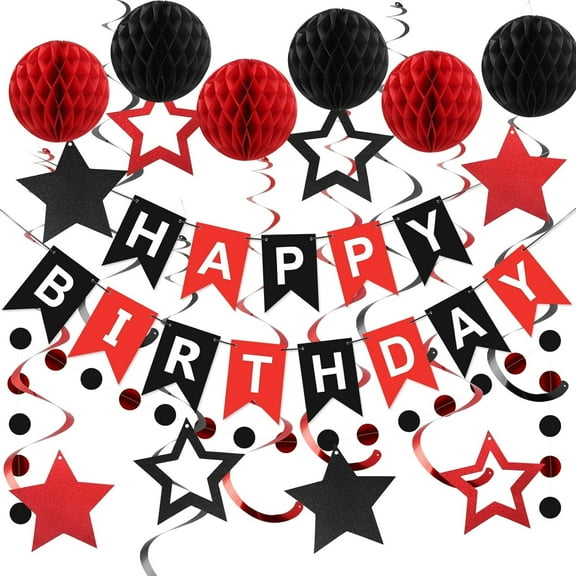 Birthday Decorations, Happy Birthday Banner with Honeycomb Balls, Star, Circle Dots Garland, Happy Birthday Party Decorations for Women Men Boys Girls