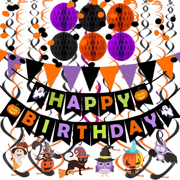 Jripae Halloween Birthday Decorations - Happy Birthday Banner with Honeycomb Ball, Halloween Hanging Swirl Streamer, Circle Dot Garland Decorations - Halloween theme Birthday Party Decoration