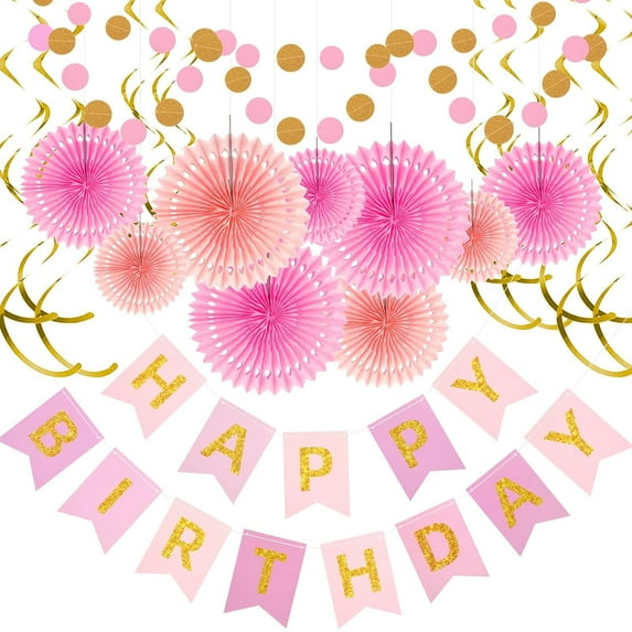 Birthday Party Decorations Kit for Women Girls, Pink Gold Happy Birthday Banner with Honeycomb Fans Circle Dots Garland Swirl Streamers
