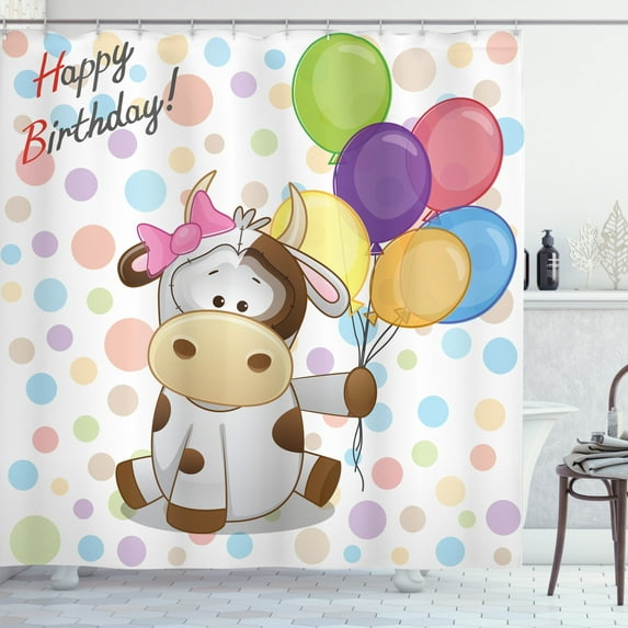 Ambesonne Birthday Shower Curtain, Cow and Balloons, 69"Wx70"L, Multicolor