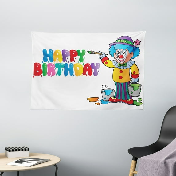 Birthday Decorations for Kids Tapestry, Happy Clown for Party with Colorful Paint Drawing Buckets, Wall Hanging for Bedroom Living Room Dorm Decor, 60W X 40L Inches, Multicolor, by Ambesonne