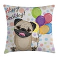thumbnail image 1 of Birthday Decorations for Kids Throw Pillow Cushion Cover, Animal Cute Dog Smiling Pug with Party Balloons Greeting Card, Decorative Square Accent Pillow Case, 24 X 24 Inches, Multicolor, by Ambesonne, 1 of 2
