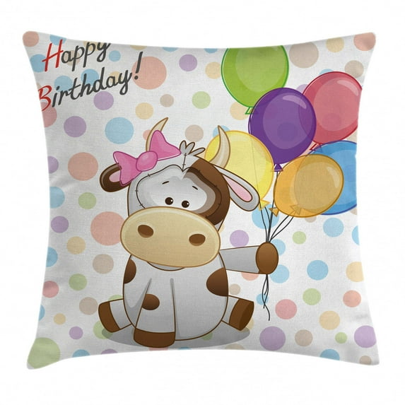 Birthday Decorations for Kids Throw Pillow Cushion Cover, Baby Cow Colorful Balloons on Abstract Polka Dot Bakcdrop, Decorative Square Accent Pillow Case, 18 X 18 Inches, Multicolor, by Ambesonne