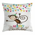thumbnail image 1 of Birthday Decorations for Kids Throw Pillow Cushion Cover, Brown Monkey Posing at a Party with Two Line Flags Cone Image, Decorative Square Accent Pillow Case, 16 X 16 Inches, Multicolor, by Ambesonne, 1 of 2