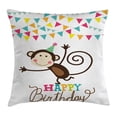 thumbnail image 1 of Birthday Decorations for Kids Throw Pillow Cushion Cover, Brown Monkey Posing at a Party with Two Line Flags Cone Image, Decorative Square Accent Pillow Case, 20 X 20 Inches, Multicolor, by Ambesonne, 1 of 2