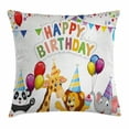 thumbnail image 1 of Birthday Decorations for Kids Throw Pillow Cushion Cover, Cartoon Safari Animals at a Party with Flags Balloons Image, Decorative Square Accent Pillow Case, 20 X 20 Inches, Multicolor, by Ambesonne, 1 of 2