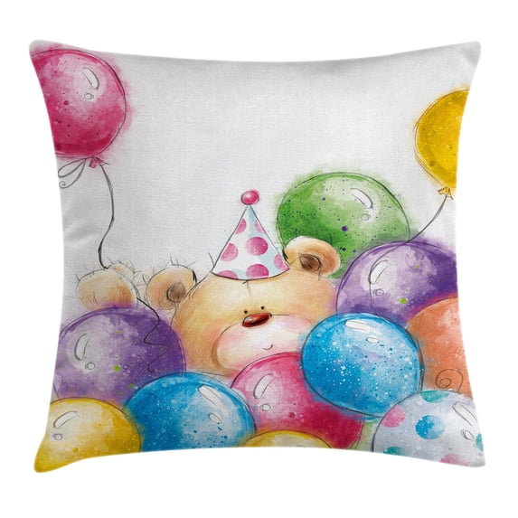 Birthday Decorations for Kids Throw Pillow Cushion Cover, Hand Drawn Childish Design Teddy Bear and Colorful Balloons, Decorative Square Accent Pillow Case, 18 X 18 Inches, Multicolor, by Ambesonne