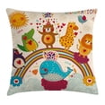 thumbnail image 1 of Birthday Decorations for Kids Throw Pillow Cushion Cover, Hand Drawn Tropic Wild Animals and Whale on a Rainbow Image, Decorative Square Accent Pillow Case, 18 X 18 Inches, Multicolor, by Ambesonne, 1 of 2