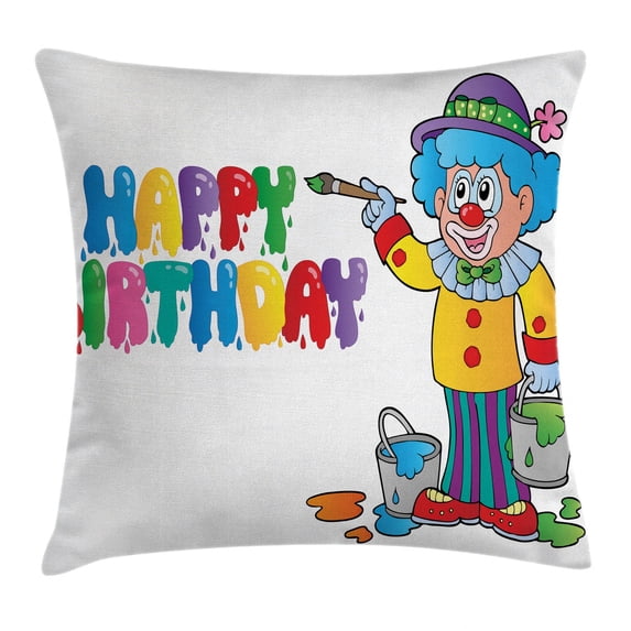 Birthday Decorations for Kids Throw Pillow Cushion Cover, Happy Clown for Party with Colorful Paint Drawing Buckets, Decorative Square Accent Pillow Case, 20 X 20 Inches, Multicolor, by Ambesonne