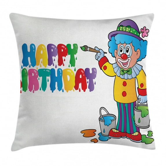 Birthday Decorations for Kids Throw Pillow Cushion Cover, Happy Clown for Party with Colorful Paint Drawing Buckets, Decorative Square Accent Pillow Case, 24 X 24 Inches, Multicolor, by Ambesonne