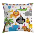 thumbnail image 1 of Birthday Decorations for Kids Throw Pillow Cushion Cover, Jungle Wild Animals in Cartoon Pattern Party Hats Flags Image, Decorative Square Accent Pillow Case, 18 X 18 Inches, Multicolor, by Ambesonne, 1 of 2