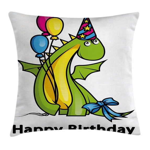 Birthday Decorations for Kids Throw Pillow Cushion Cover, Little Baby Dinosaur Party with Colorful Balloons, Decorative Square Accent Pillow Case, 18 X 18 Inches, Fern Green and Yellow, by Ambesonne