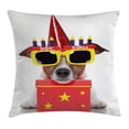 thumbnail image 1 of Birthday Decorations for Kids Throw Pillow Cushion Cover, Party Dog with Sunglasses and Cone Hat Boxes Stars Image, Decorative Square Accent Pillow Case, 18 X 18 Inches, Red and Yellow, by Ambesonne, 1 of 2