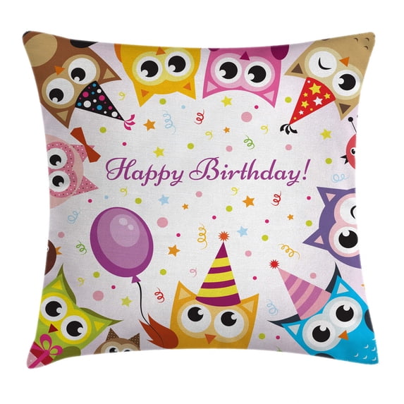 Birthday Decorations for Kids Throw Pillow Cushion Cover, Party Owl Family with Colorful Cone Hats on Confetti Backdrop, Decorative Square Accent Pillow Case, 20 X 20 Inches, Multicolor, by Ambesonne