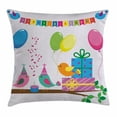 thumbnail image 1 of Birthday Decorations for Kids Throw Pillow Cushion Cover, Singing Birds Happy Birthday Song Flags Cone Hats Party Cake, Decorative Square Accent Pillow Case, 20 X 20 Inches, Multicolor, by Ambesonne, 1 of 2