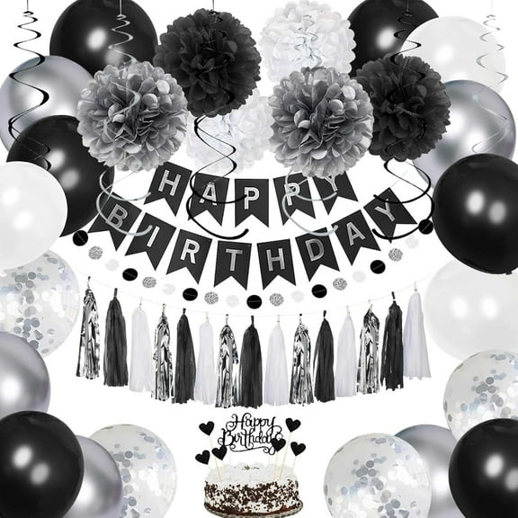 Birthday Decorations for Men | Black and Silver Happy Birthday Party Decorations | Black and White Birthday Party Supplies | Banner, Balloons, Tissue Pompoms, Swirls, Tassels Garland