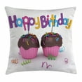thumbnail image 1 of Birthday Decorations Throw Pillow Cushion Cover, 3D Illustration of Chocolate Covered Cupcakes with Greetings Attached, Decorative Square Accent Pillow Case, 16 X 16 Inches, Multicolor, by Ambesonne, 1 of 2