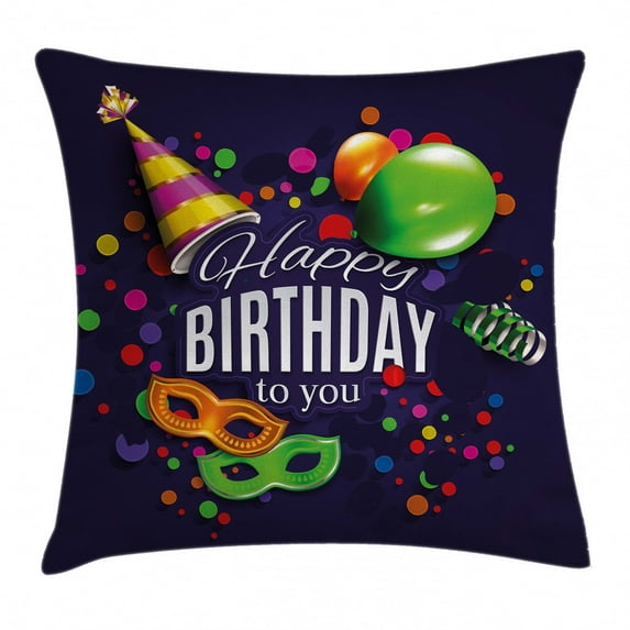 Birthday Decorations Throw Pillow Cushion Cover, Colorful Balloons Curling Ribbons Carnival Mask Party Hat and Confetti, Decorative Square Accent Pillow Case, 18 X 18 Inches, Multicolor, by Ambesonne