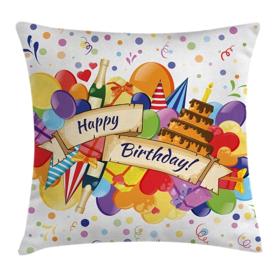 Birthday Decorations Throw Pillow Cushion Cover, Colorful Joyous Burst with Champagne Bottles Cake Balloons Festive, Decorative Square Accent Pillow Case, 20 X 20 Inches, Multicolor, by Ambesonne