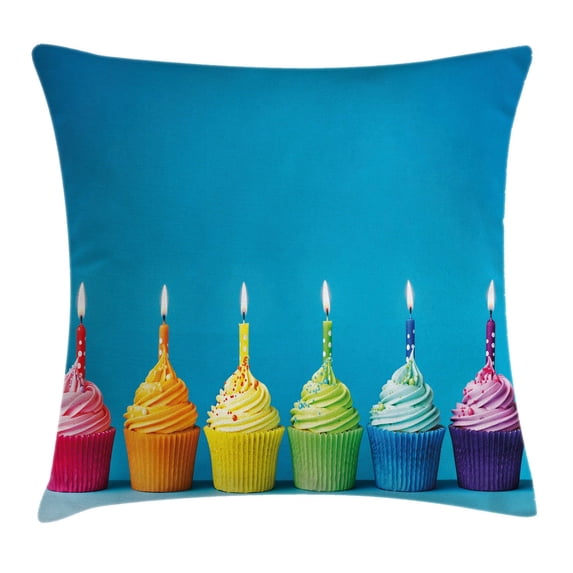 Birthday Decorations Throw Pillow Cushion Cover, Cupcakes in Rainbow Colors with Candles Fun Homemade Party Food Sweet, Decorative Square Accent Pillow Case, 16 X 16 Inches, Multicolor, by Ambesonne