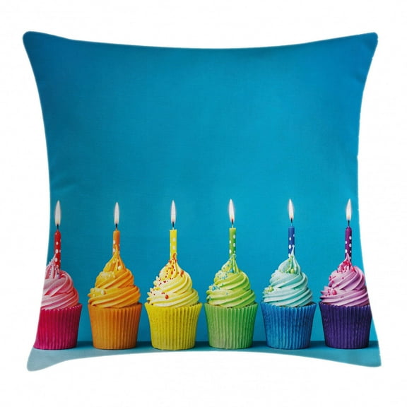Birthday Decorations Throw Pillow Cushion Cover, Cupcakes in Rainbow Colors with Candles Fun Homemade Party Food Sweet, Decorative Square Accent Pillow Case, 20 X 20 Inches, Multicolor, by Ambesonne
