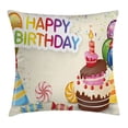 thumbnail image 1 of Birthday Decorations Throw Pillow Cushion Cover, Cute Composition of Candies Yummy Cake Confetti Party Hats Balloons, Decorative Square Accent Pillow Case, 16 X 16 Inches, Multicolor, by Ambesonne, 1 of 2
