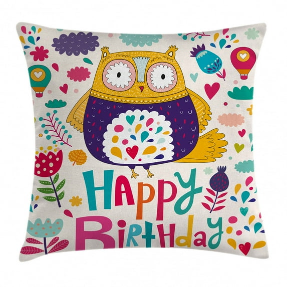 Birthday Decorations Throw Pillow Cushion Cover, Funny Baby Owl with Heart Leaves and Flowers Greeting Doodle Style, Decorative Square Accent Pillow Case, 20 X 20 Inches, Multicolor, by Ambesonne