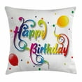 thumbnail image 1 of Birthday Decorations Throw Pillow Cushion Cover, Happy Birthday Words with Floral Swirled Details Stars Flying Balloons, Decorative Square Accent Pillow Case, 24 X 24 Inches, Multicolor, by Ambesonne, 1 of 2